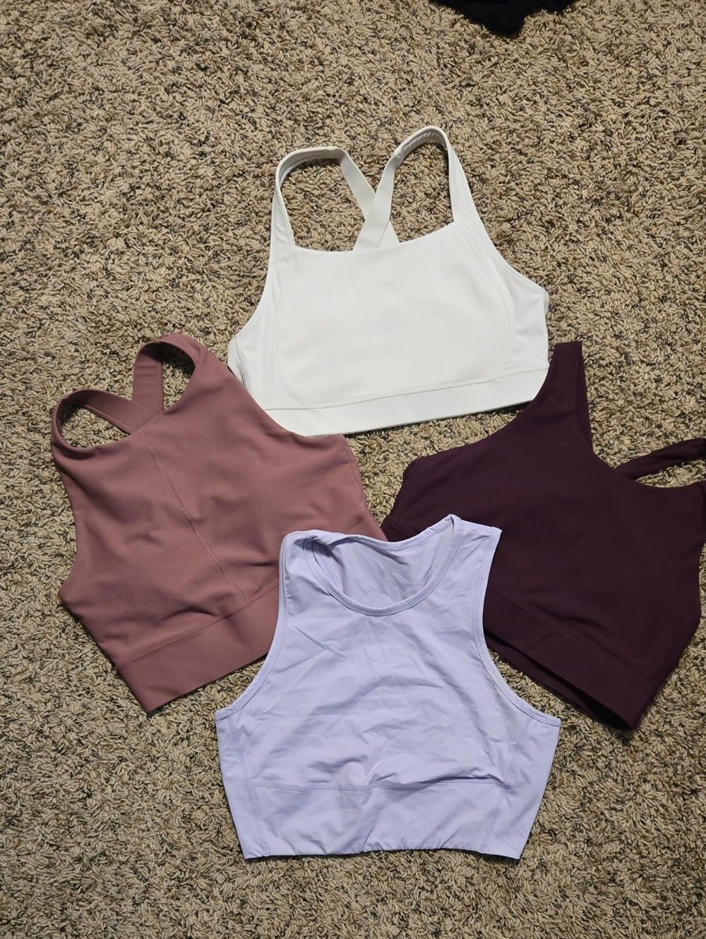 Set of 4 High-Neck Sports Bras in White, Mauve, Lavender, and Deep Plum
